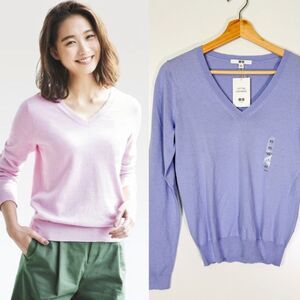 NWT Uniqlo Womens Cotton Cashmere Pullover V-Neck Sweater Sz XS Purple Classic